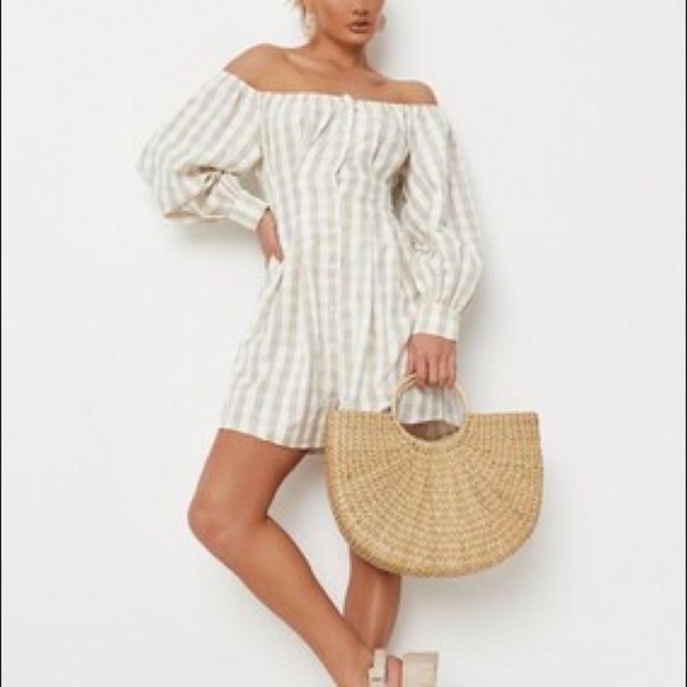 NWT Missguided bardot pleated waist shirt mini dress Tan gingham puff sleeve 0